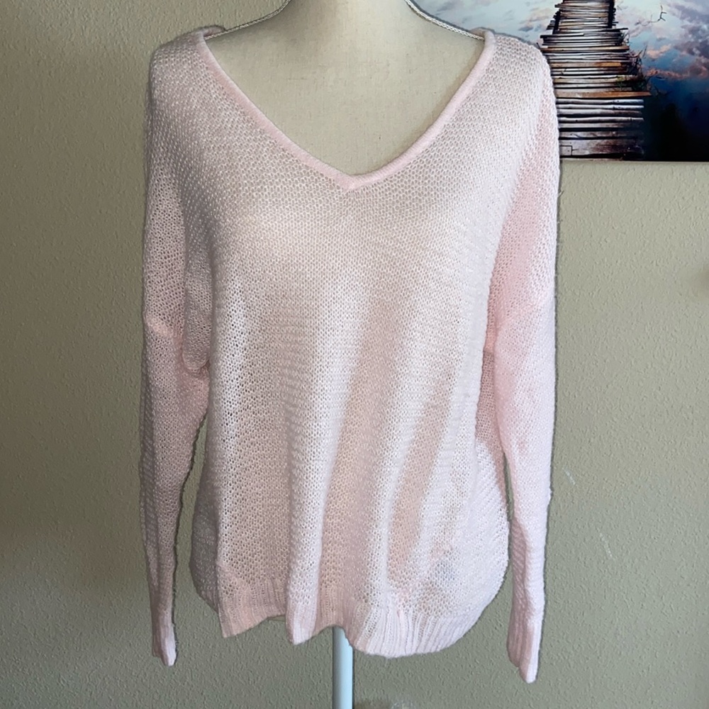 Nordstrom Brass Plum Knit Sweater Blush Pink Romance Deep V Neck Bow Tie Back